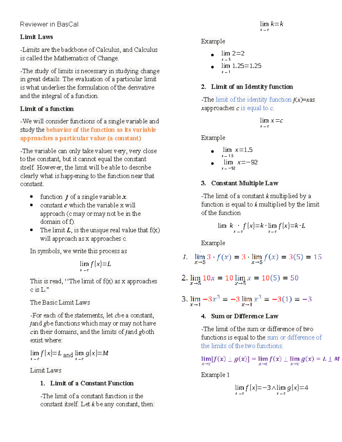 Aloria - Reviewer-in-Bas Cal - Reviewer in BasCal Limit Laws Limits are ...