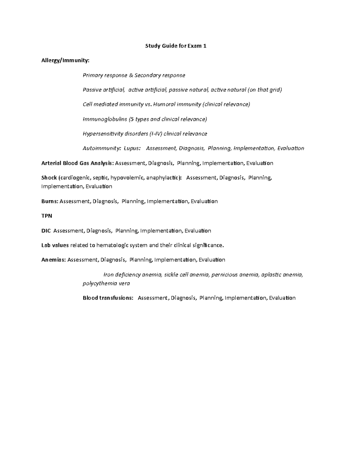 Class notes for Exam 1 - Study Guide for Exam 1 Allergy/Immunity ...