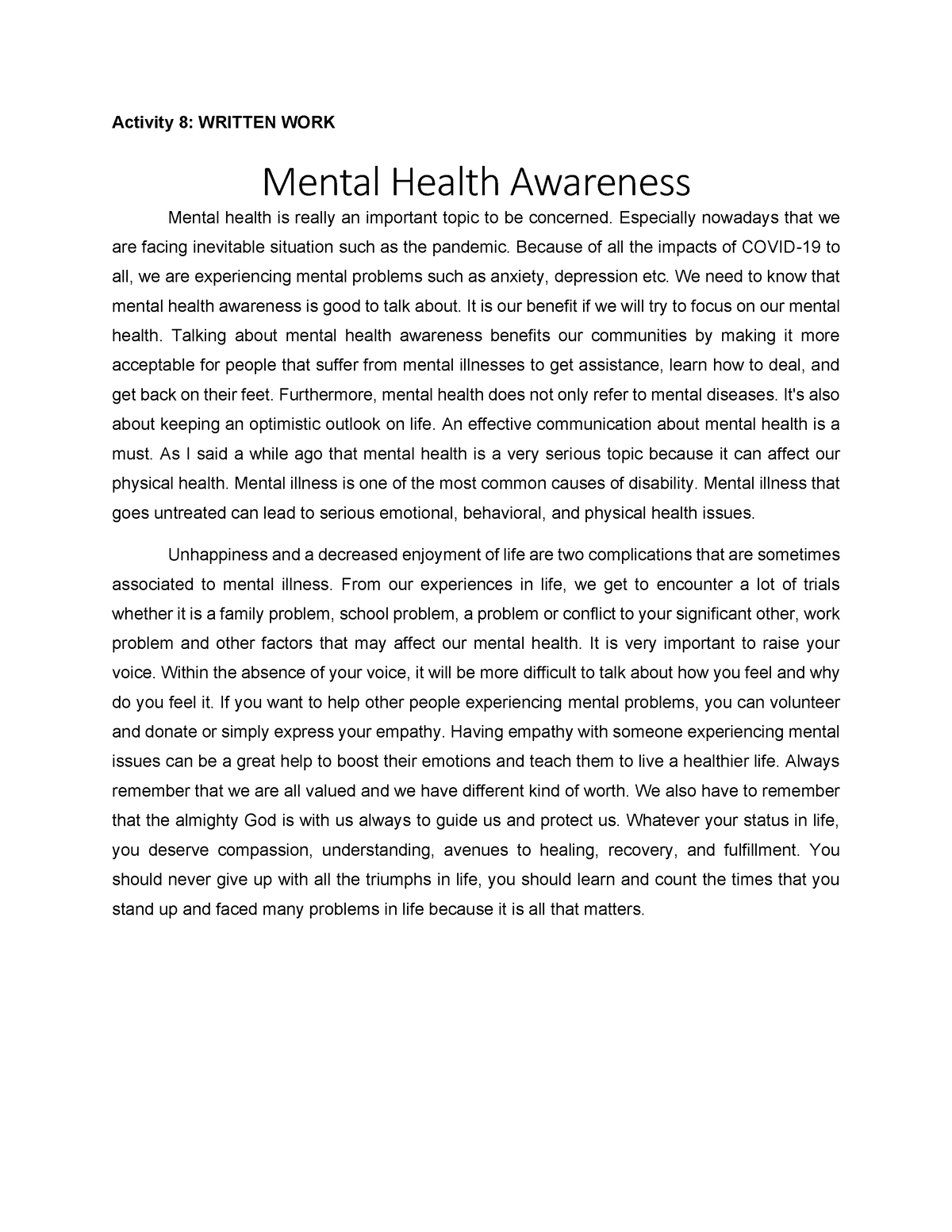 health awareness essay brainly
