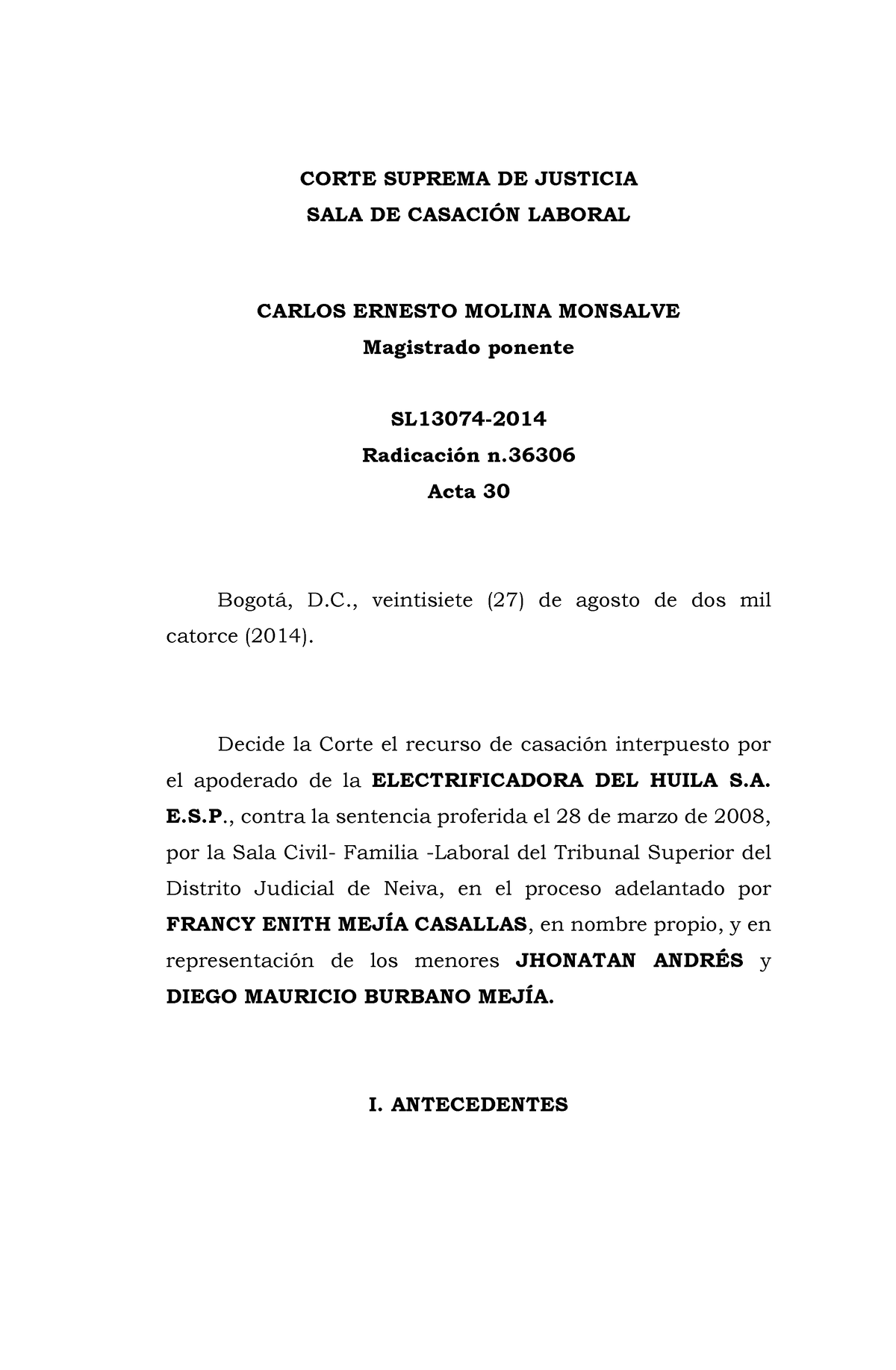 Sentencia 13074 DE 2014-uni-VF Electrohuila - CORTE SUPREMA DE JUSTICIA ...