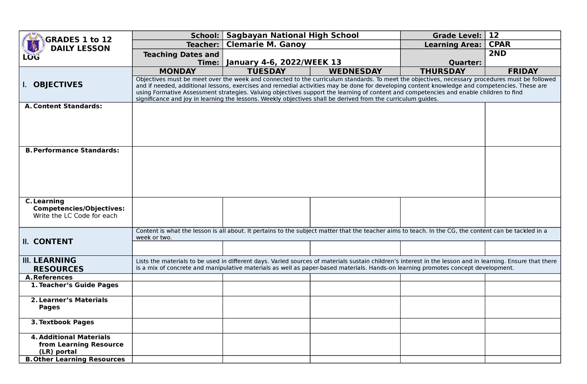 DLL- Mapeh - Daily Lesson Log - GRADES 1 To 12 DAILY LESSON LOG School ...