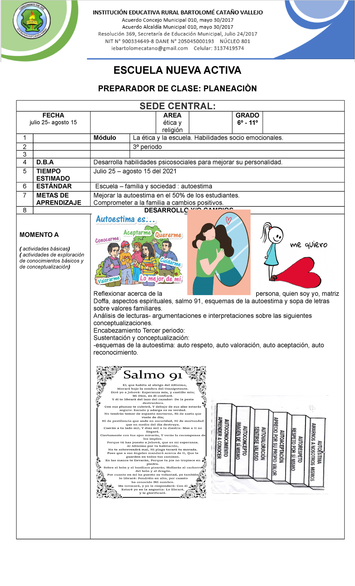 Formato De Planeacion Autoestima Y Familia Escuela Nueva Activa Preparador De Clase 3111