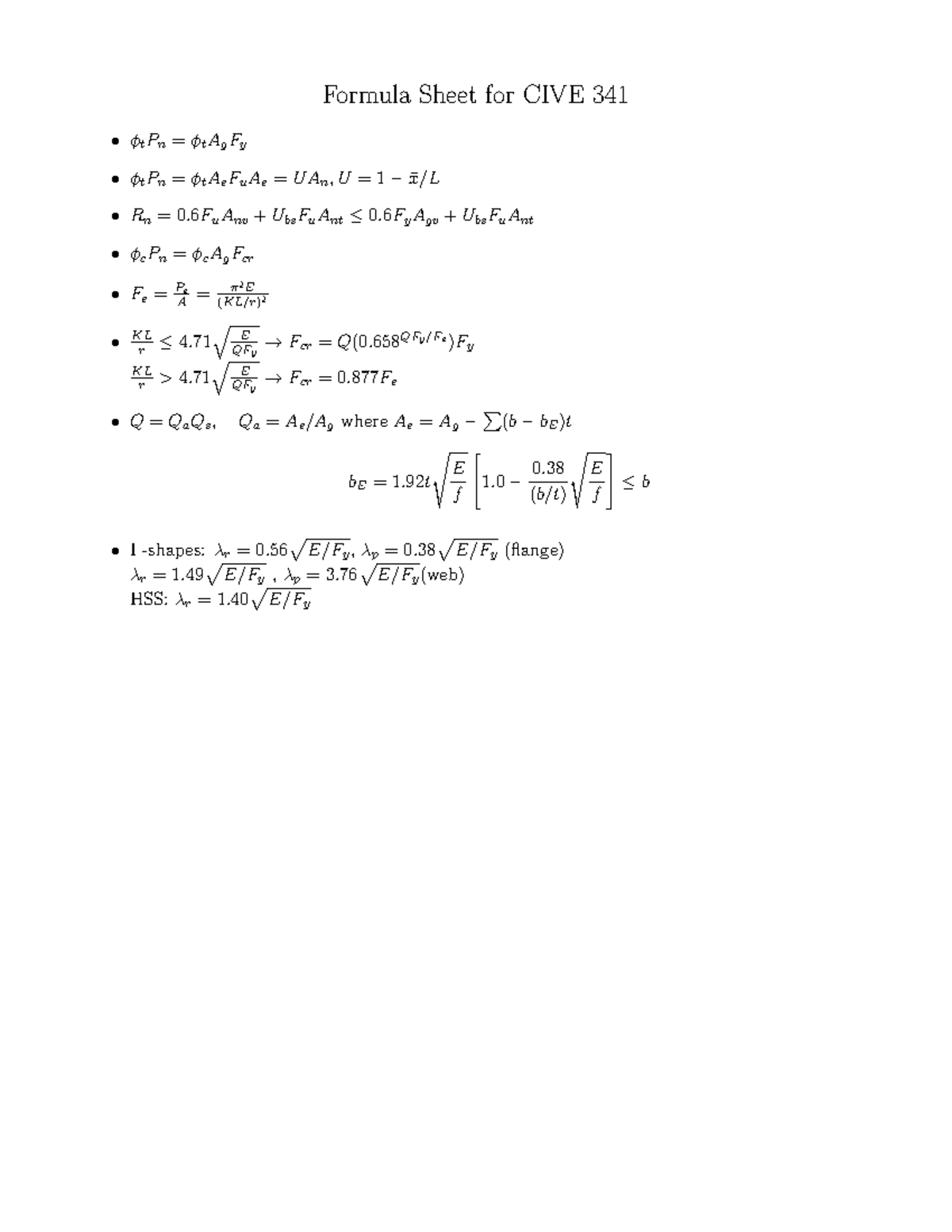 Formula Sheet-Midterm - Formula Sheet for CIVE 341 φtPn = φtAgFy φtPn ...