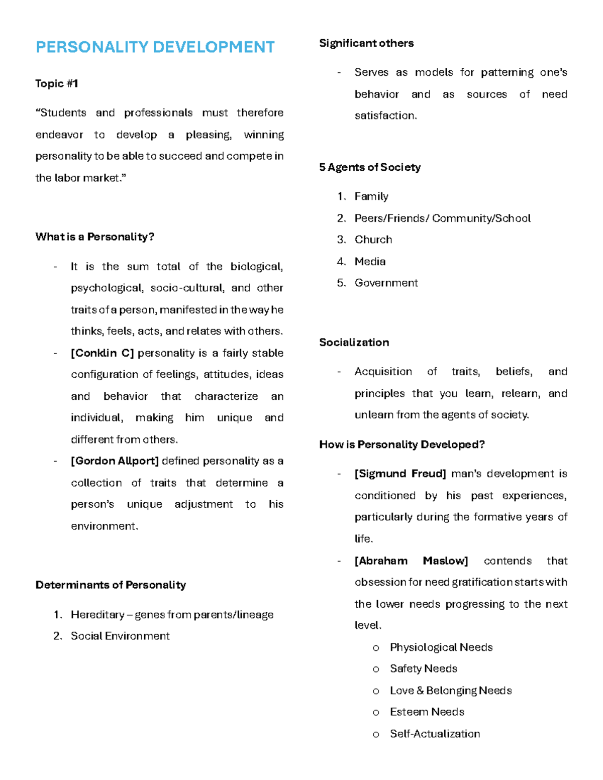 Perdev read materials first - PERSONALITY DEVELOPMENT Topic # “Students ...