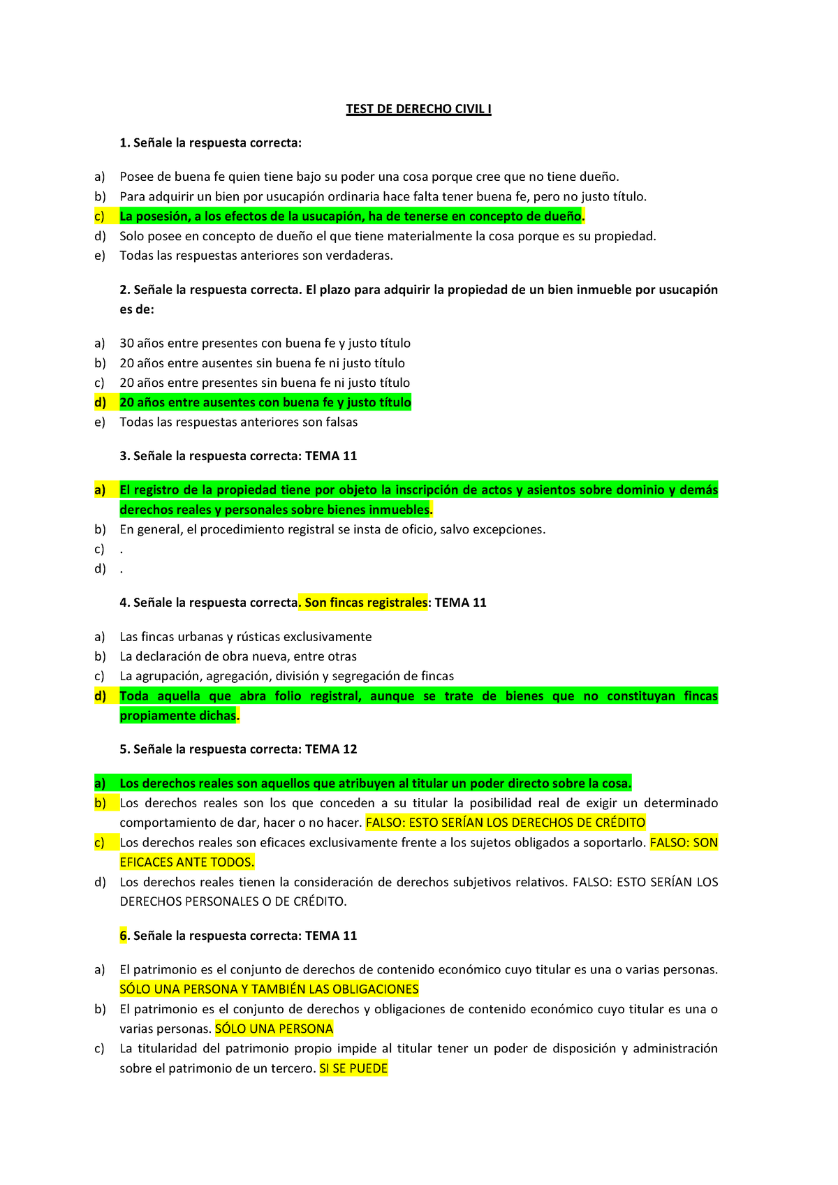 Examen Y Practica Civil 1 - TEST DE DERECHO CIVIL I 1. Señale La ...