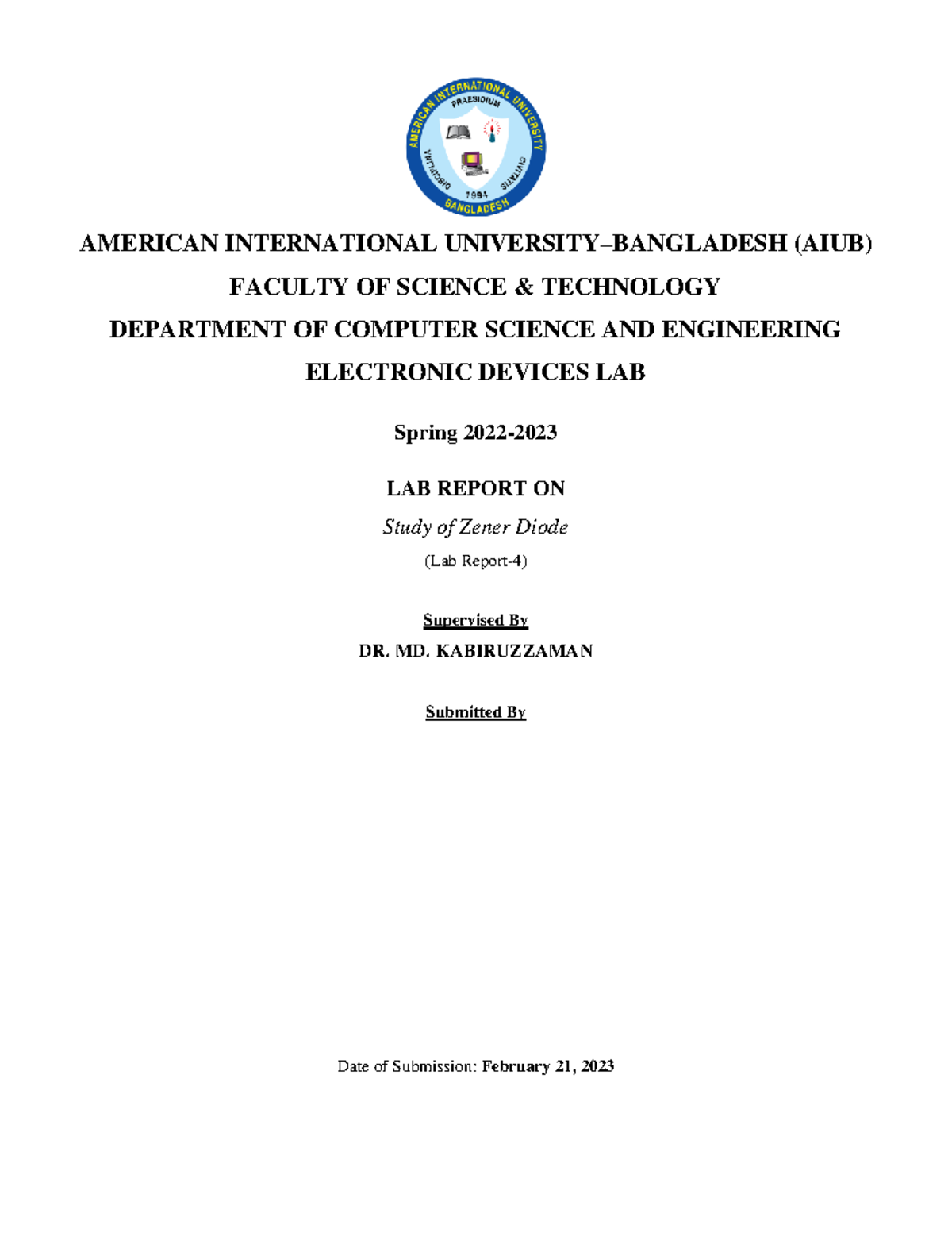 Study of Zener Diode Lab Report AMERICAN INTERNATIONAL UNIVERSITY