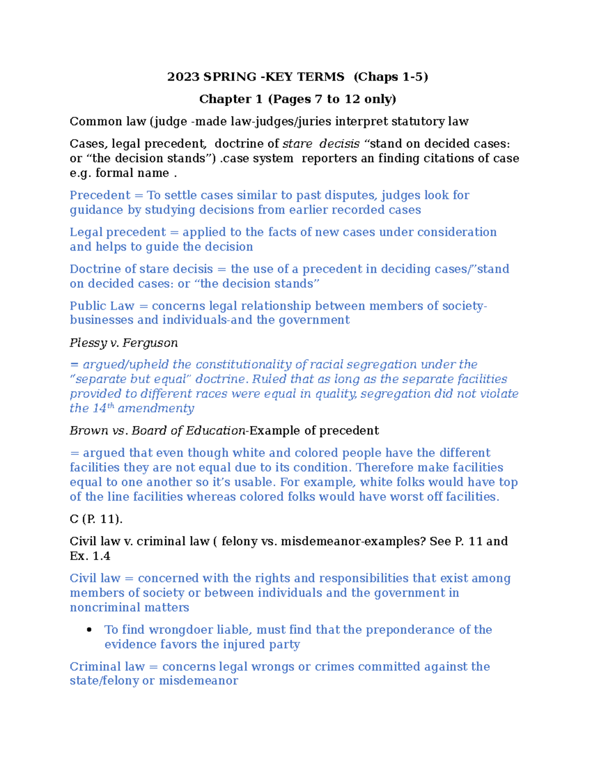 BLAW 3310- Key Terms Chaps 1-5 - 2023 SPRING -KEY TERMS (Chaps 1-5 ...