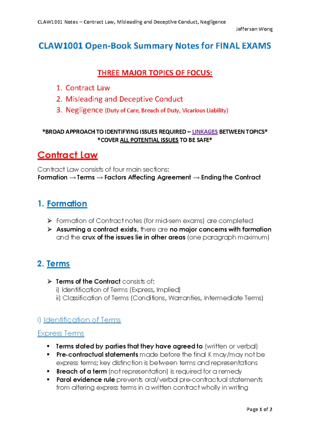 Summary Notes for FINAL EXAMS - Contract Law 2. Misleading and ...