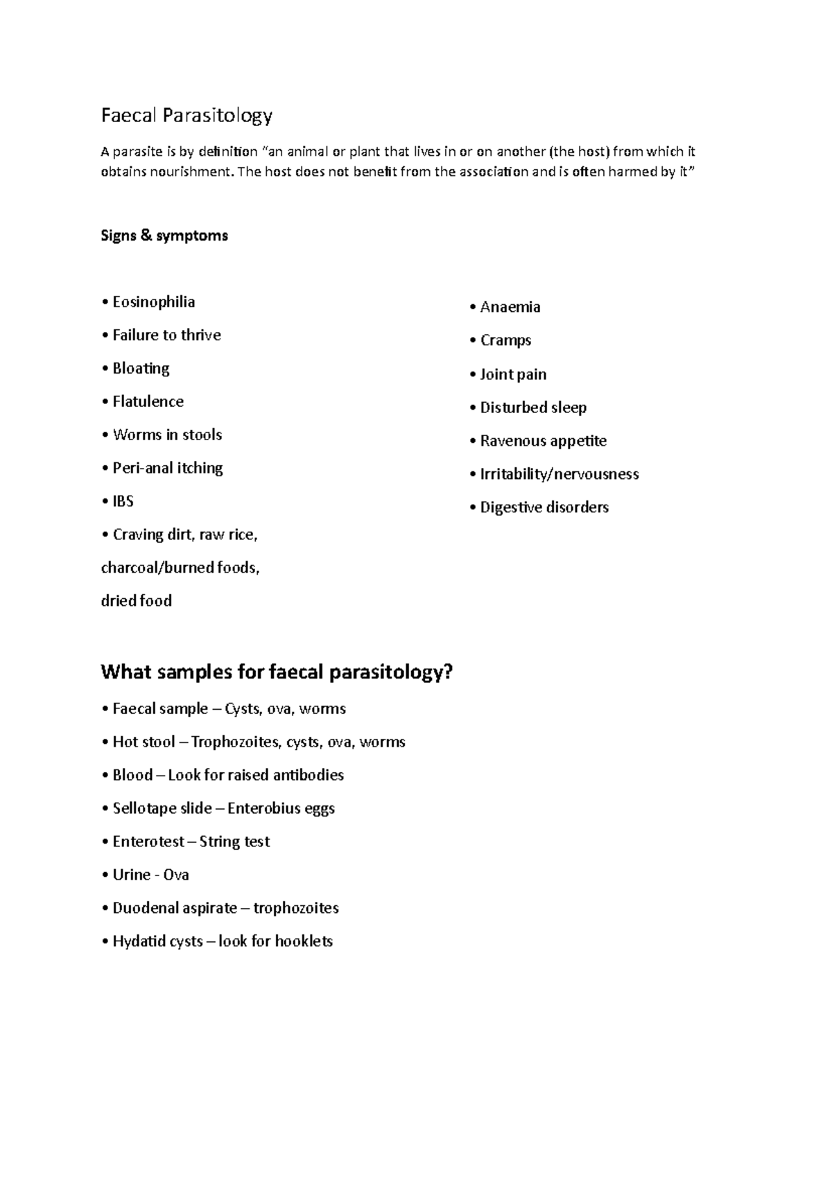 Faecal Parasitology Clinical Biochem Faecal Parasitology A parasite