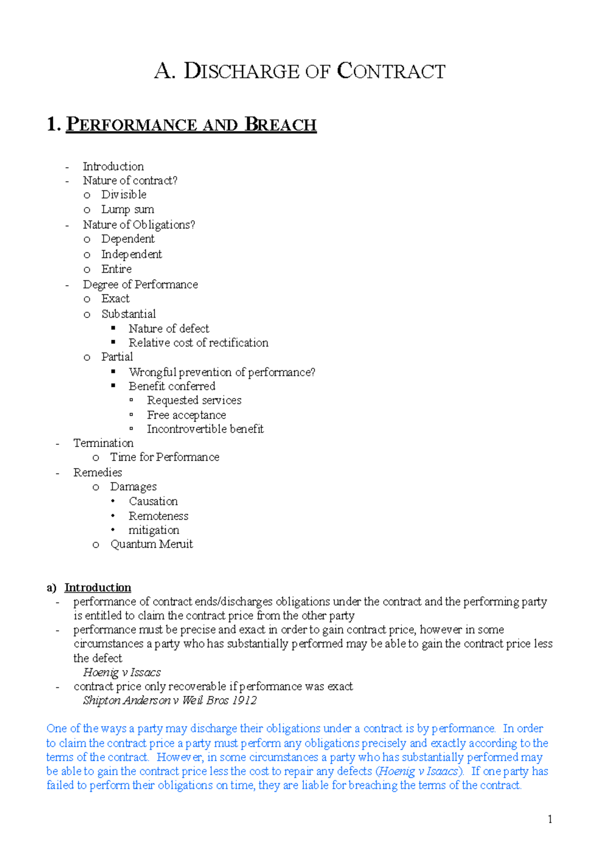 Lwb137 Contracts B Exam Notes - A. DISCHARGE OF CONTRACT 1. P ...