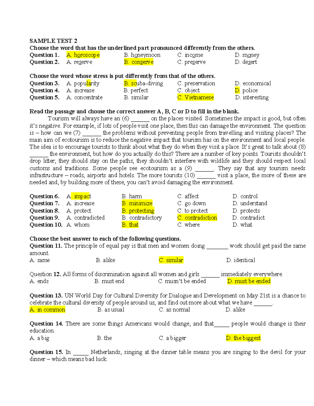 Sample TEST 2 - đề thi cuối kỳ 2 chương trình mới - SAMPLE TEST 2 ...