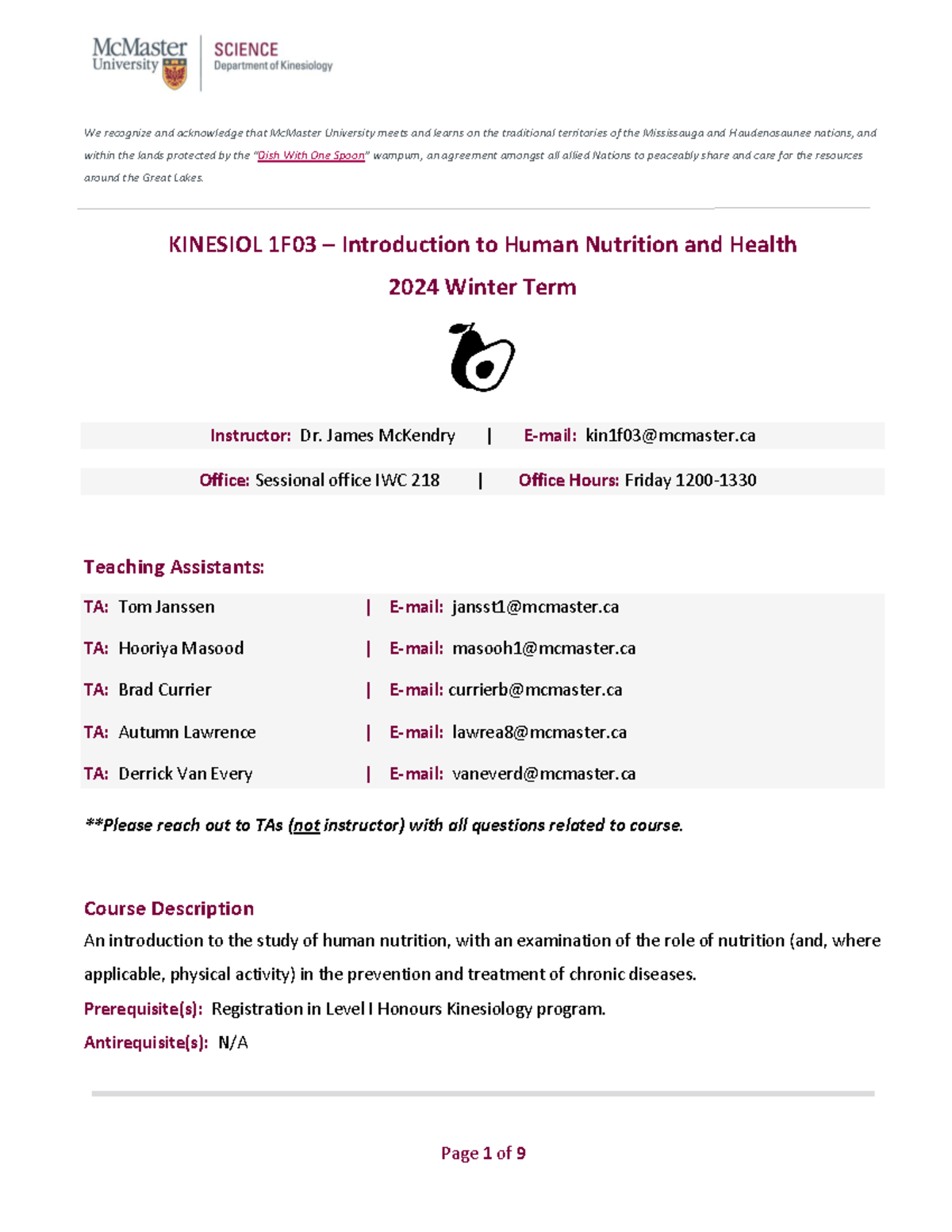 Kinesiol-1F03 Course Outline Winter 2024 JMc Kendry - We Recognize And ...