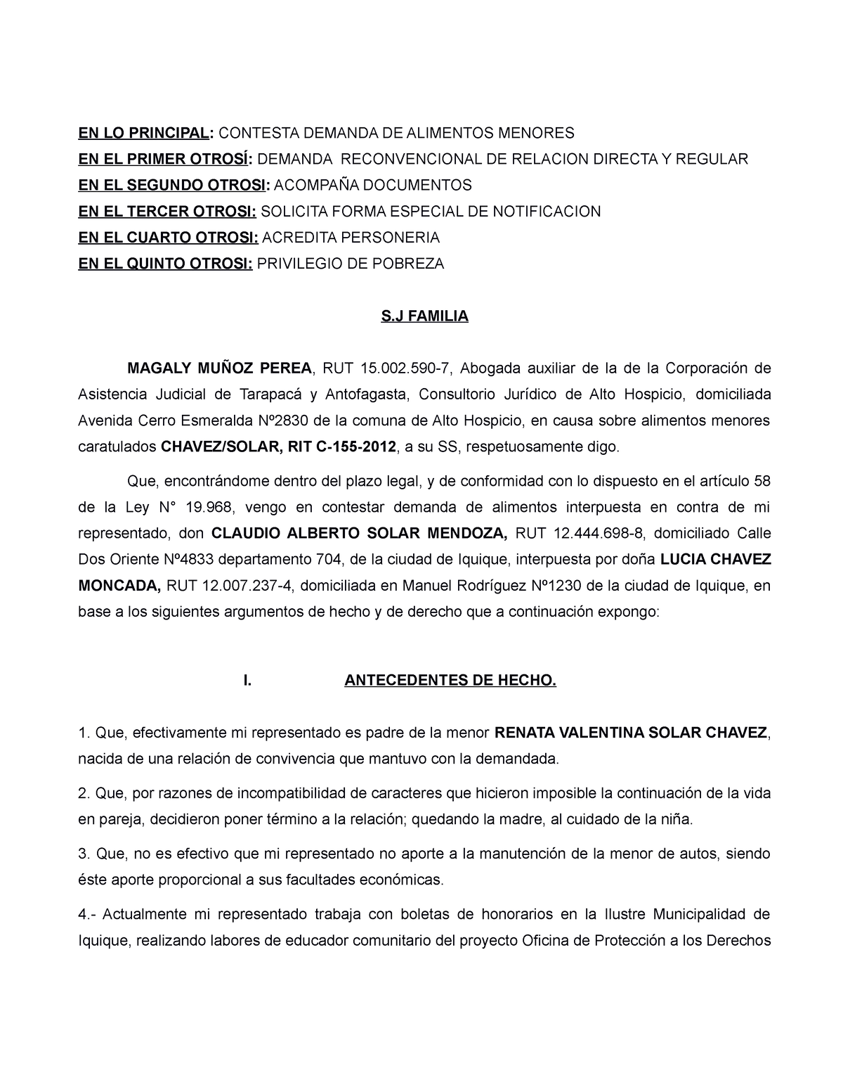 Contestacion Claudio Solar Mendoza En Lo Principal Contesta Demanda De Alimentos Menores En 5948