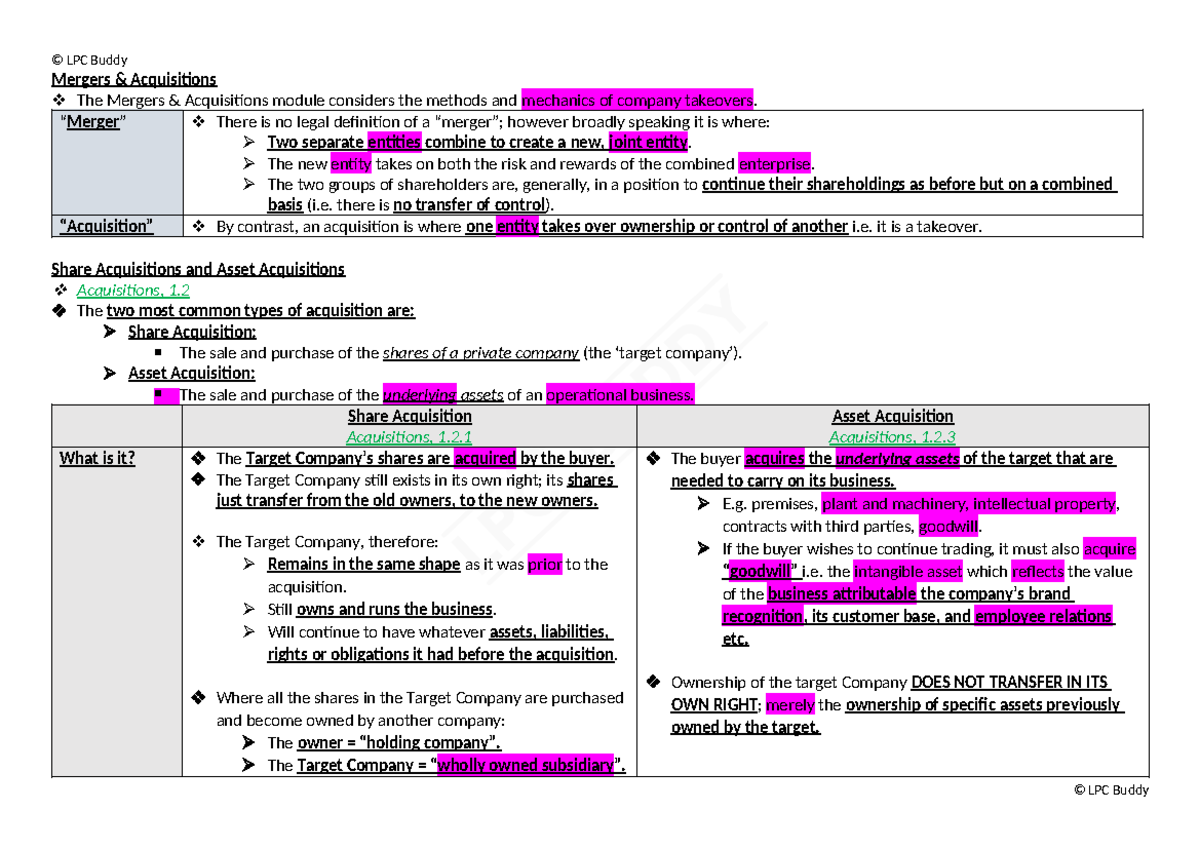 1. Types Of Acquisitions - © LPC Buddy Mergers & Acquisitions The ...