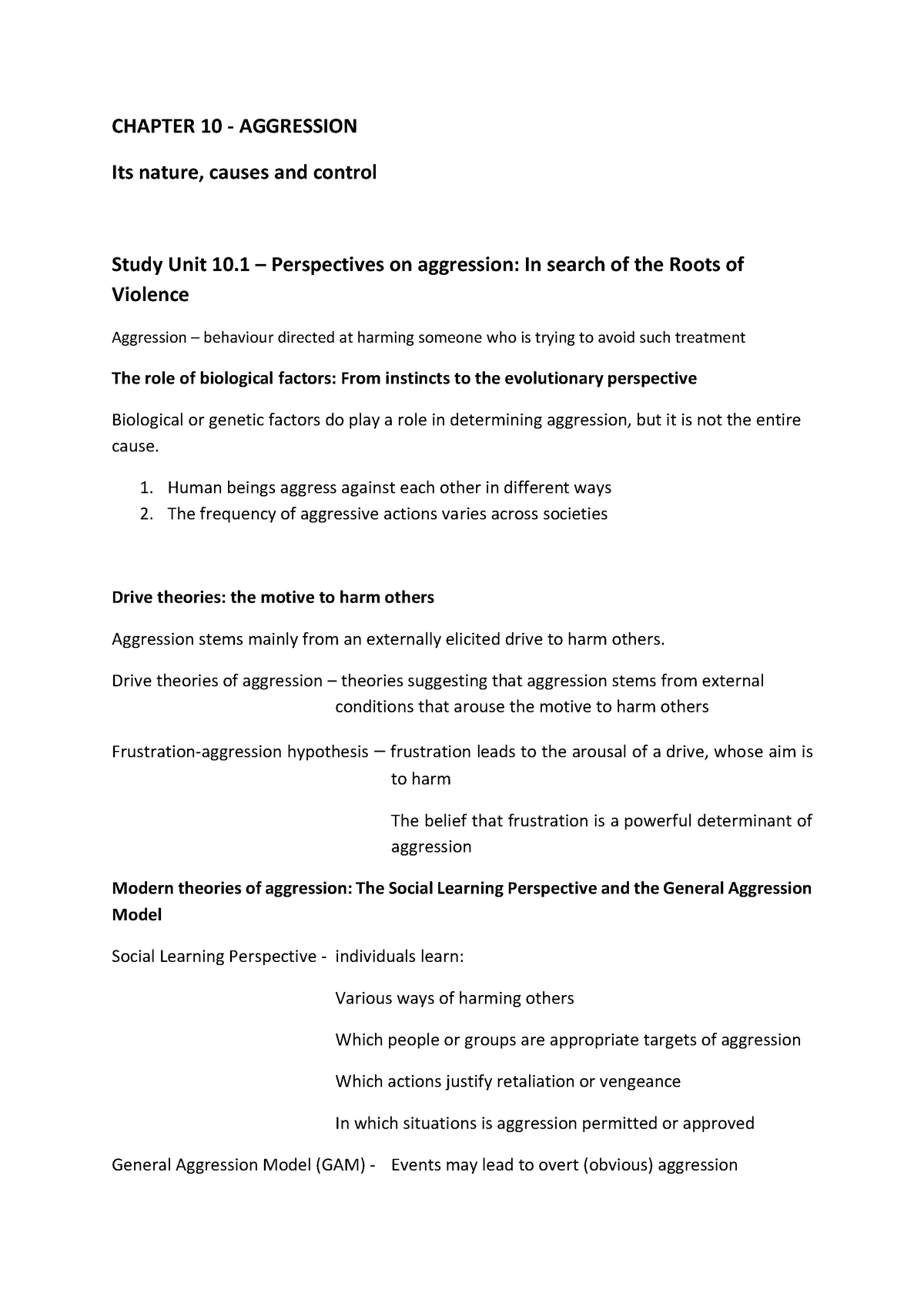 PYC3701-chapter 10 and 11 - CHAPTER 10 - AGGRESSION Its nature, causes ...