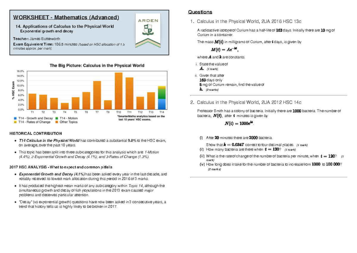 2019 MA Exponential Growth Decay Worksheet HSC Questions w solutions