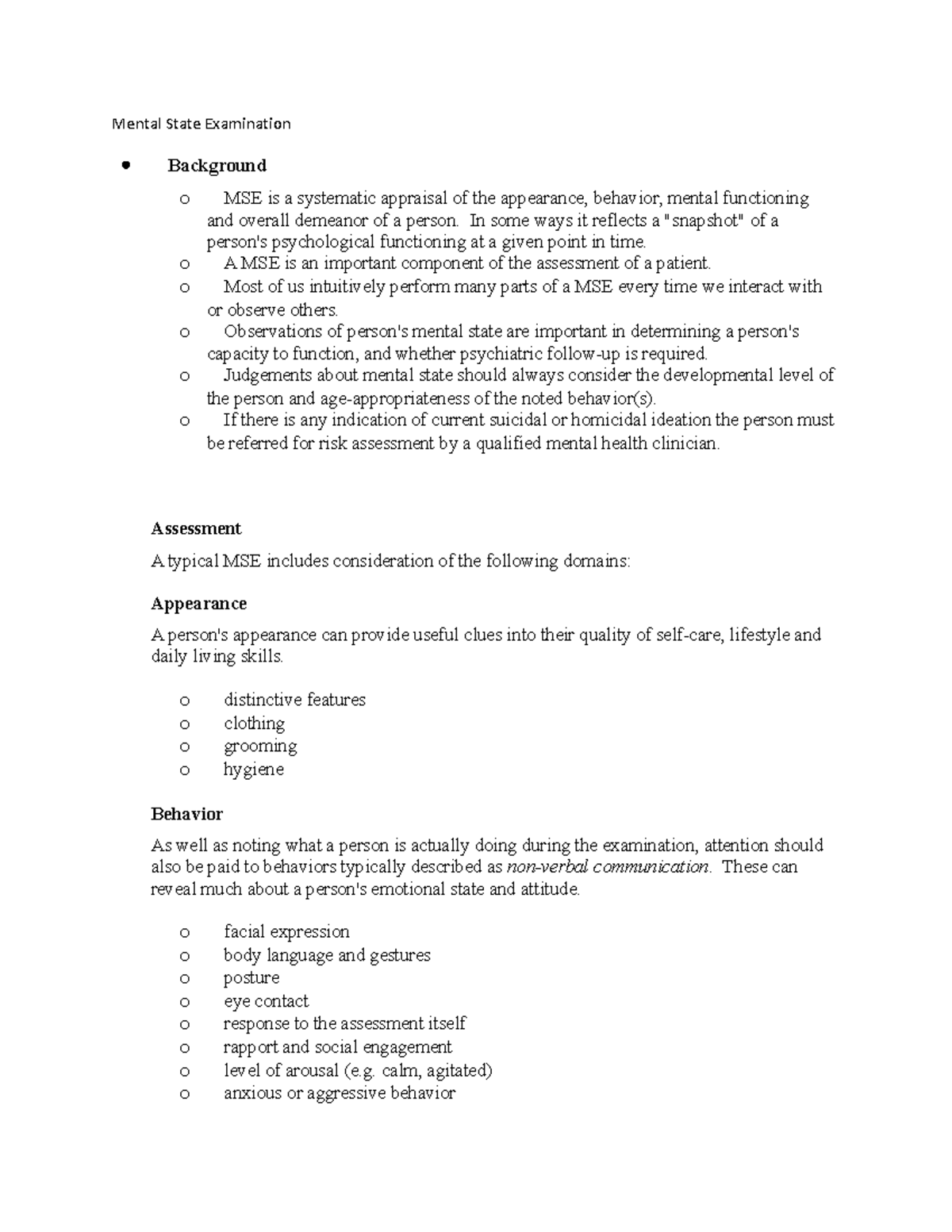 Mental State Examination - NFS 4380 - Studocu