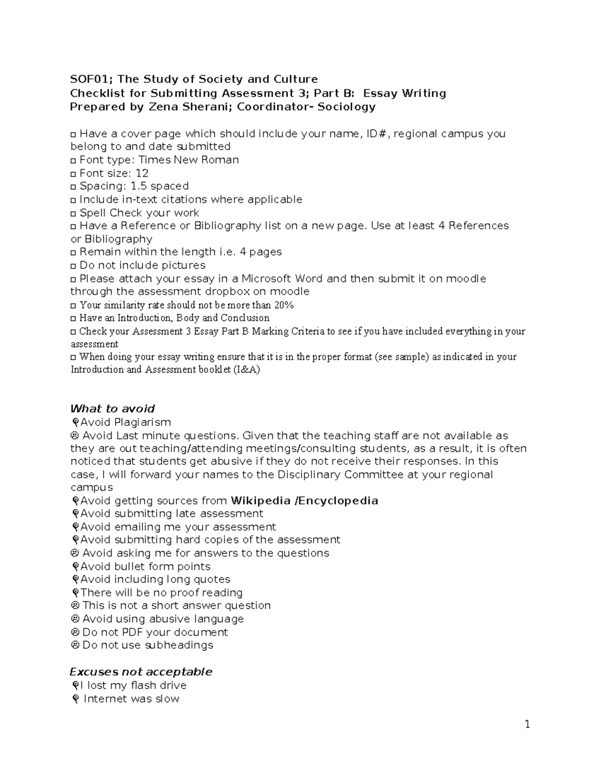 SOF01 Asessment 3 Part B Essay Writing Checklist 2022 - SOF01; The ...