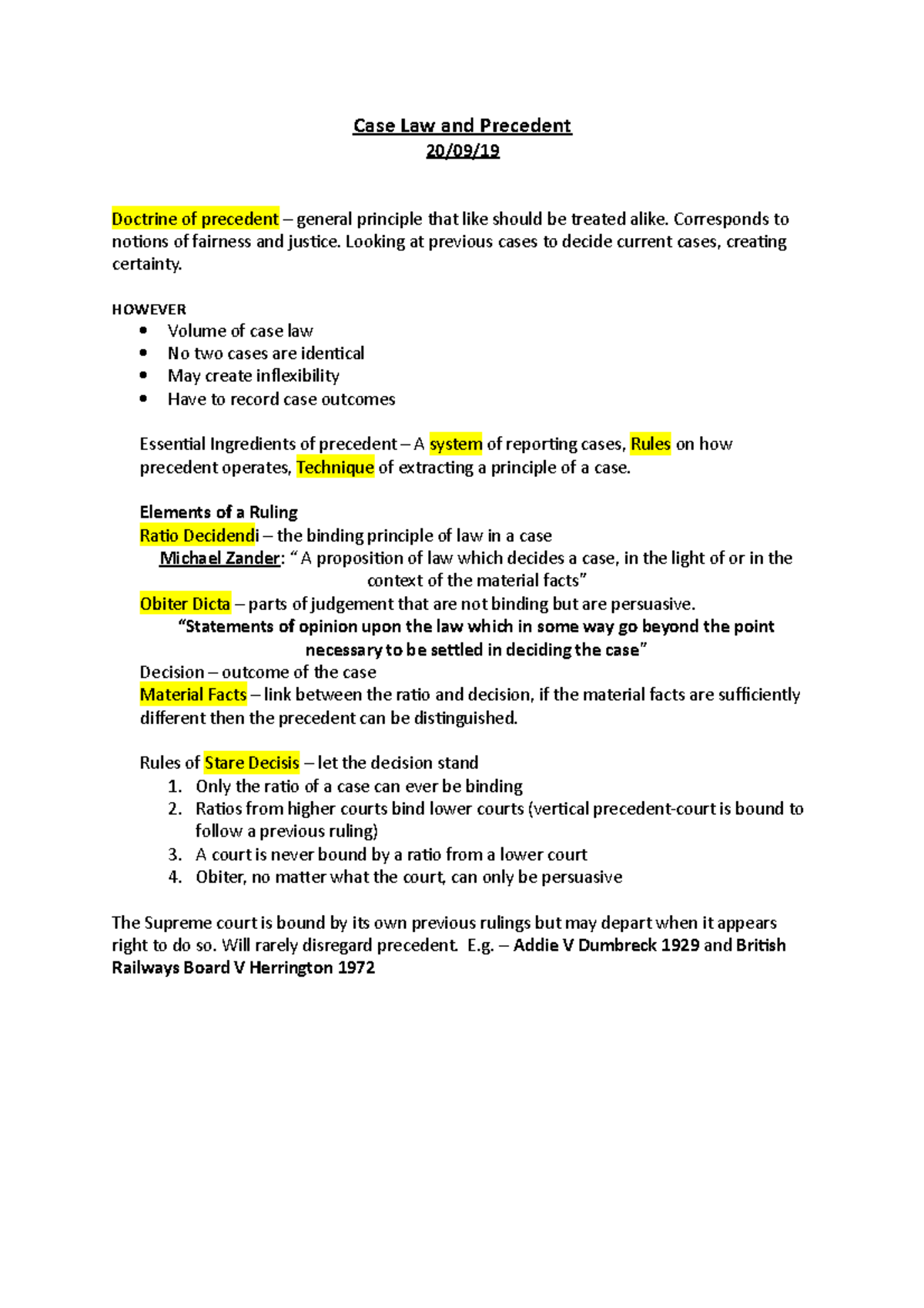 Lecture 02 - Taught by Kim - Case Law and Precedent 20/09/ Doctrine of ...