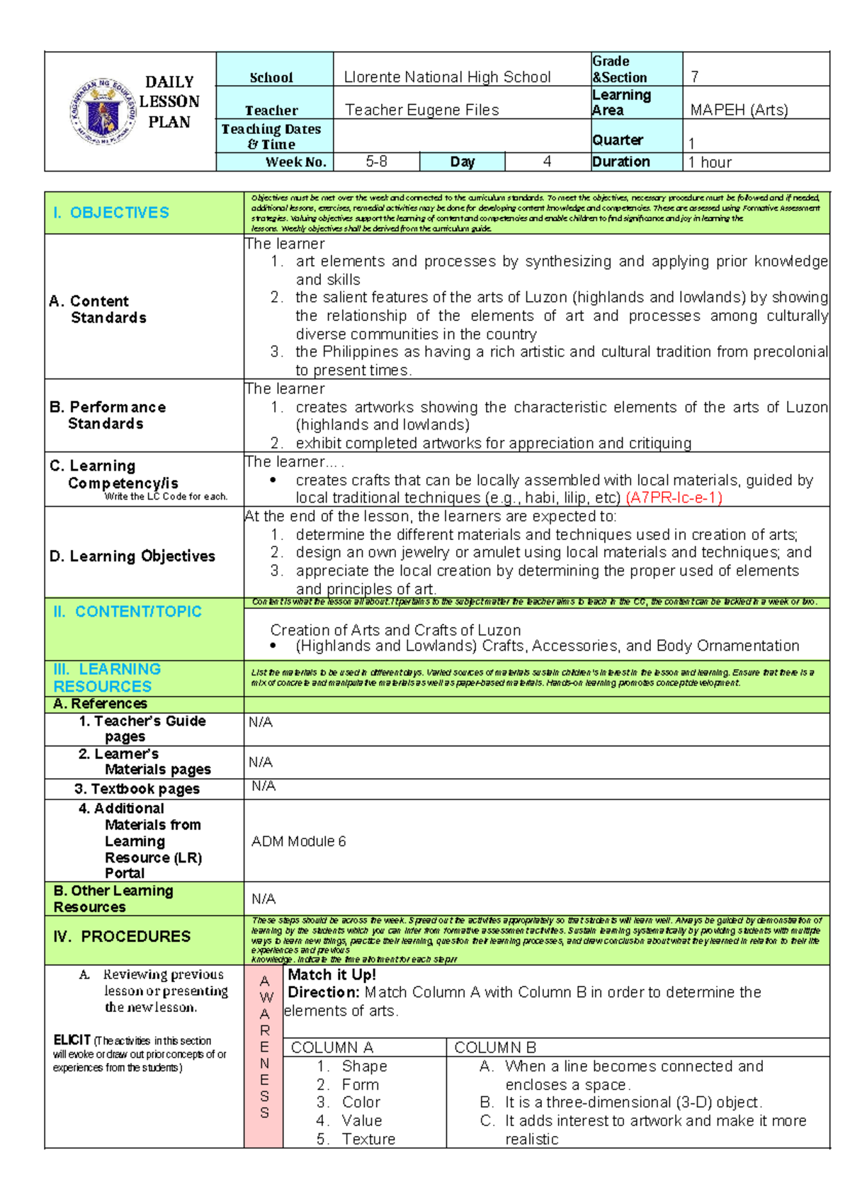 Q1 COT-LP Arts 7 (Creation of Arts and Crafts of Luzon) - DAILY LESSON ...