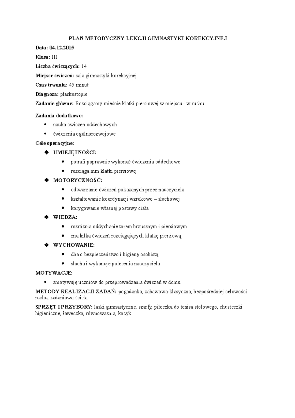 Konspekt- rozciąganie mięśni klatki piersiowej - PLAN METODYCZNY LEKCJI