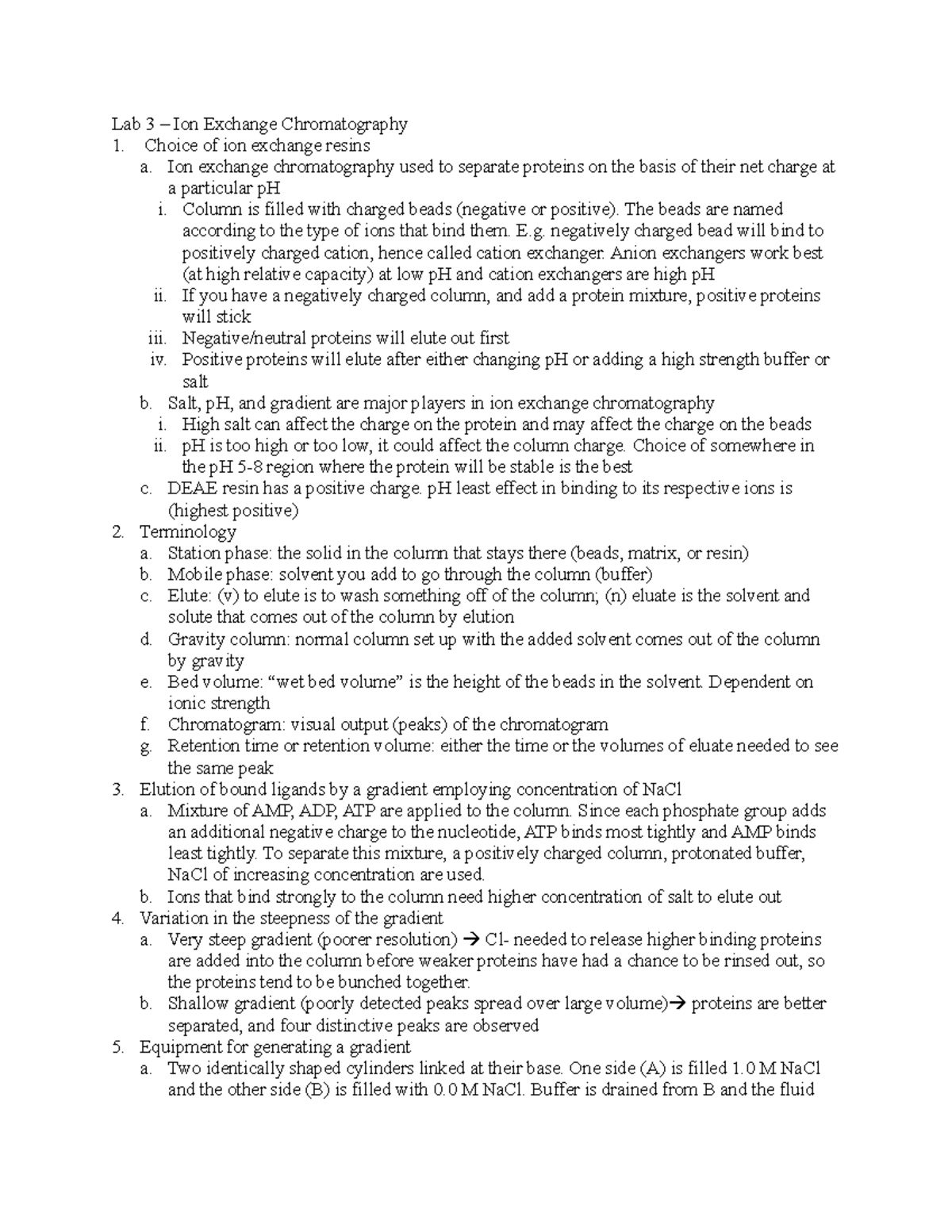 BIO315 - EXAM 2 STUDY GUIDE - Lab 3 – Ion Exchange Chromatography ...