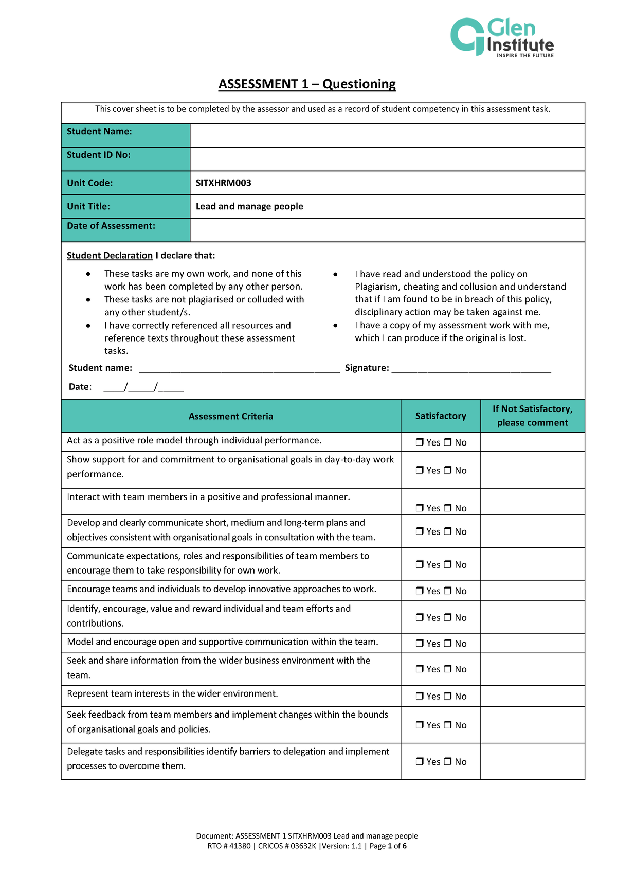 Assessment 1 Sitxhrm 003 Lead and manage people - Document: ASSESSMENT ...