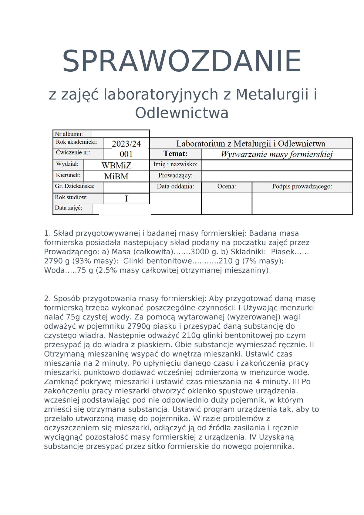 Odlwenictwo - Odlewnictwo Sprawozdanie - SPRAWOZDANIE Z Zajęć ...