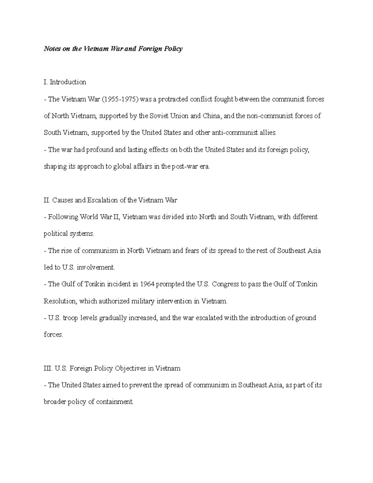 Notes on the Vietnam War and Foreign Policy - Introduction The Vietnam ...