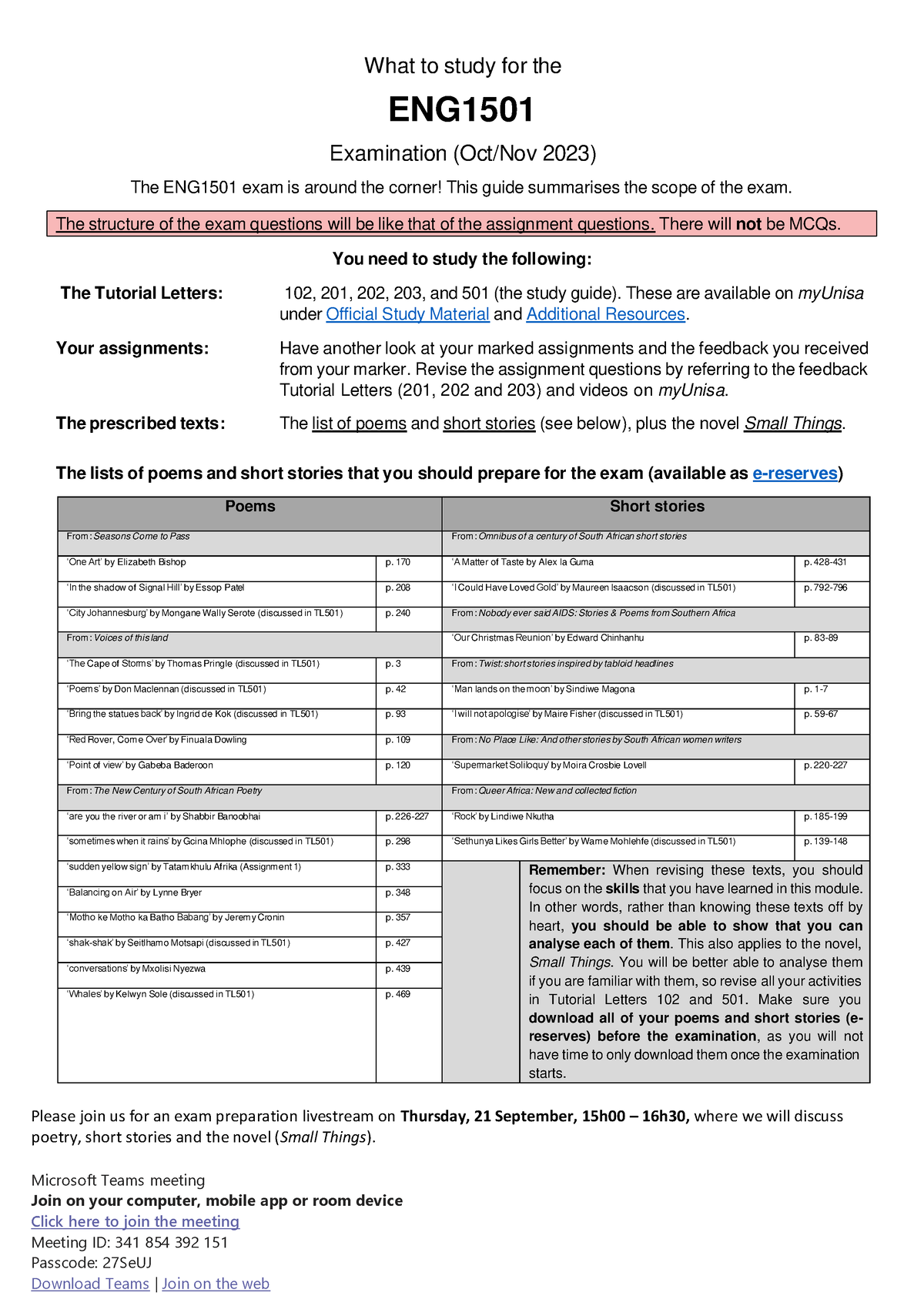 Exam - Exam Revision - What To Study For The ENG Examination (Oct/Nov ...