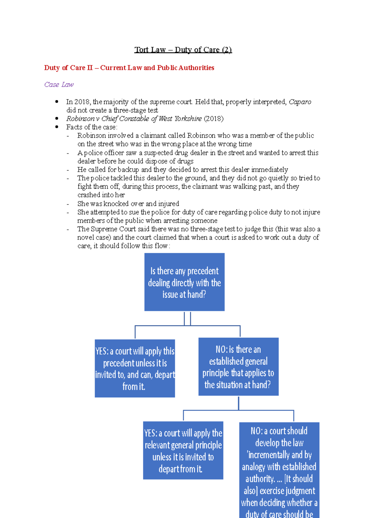 Tort Law Duty of Care Summary of duty of care (2) Tort Law Duty
