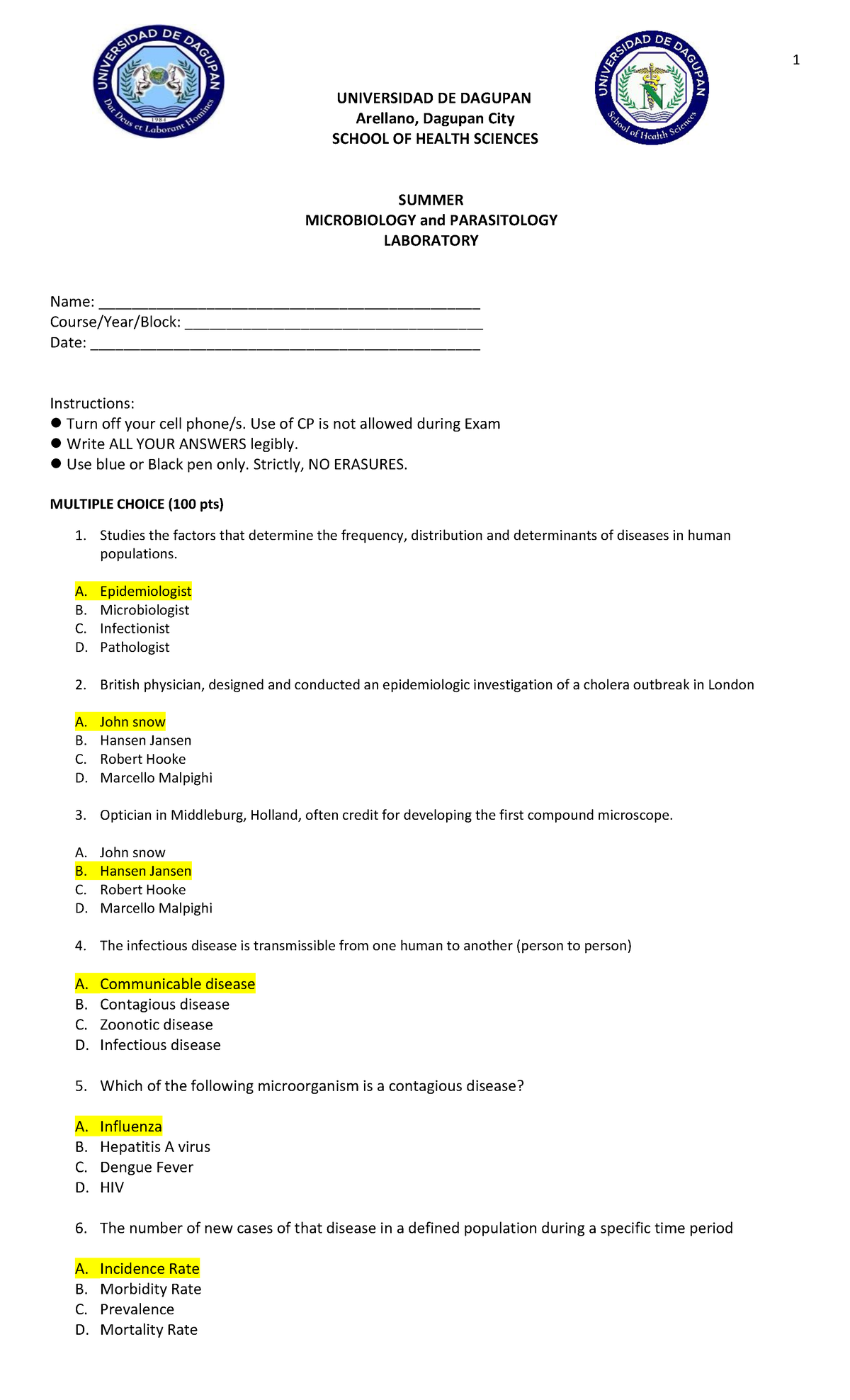 LAB Microbio UNIT TEST 1 - UNIVERSIDAD DE DAGUPAN Arellano, Dagupan ...