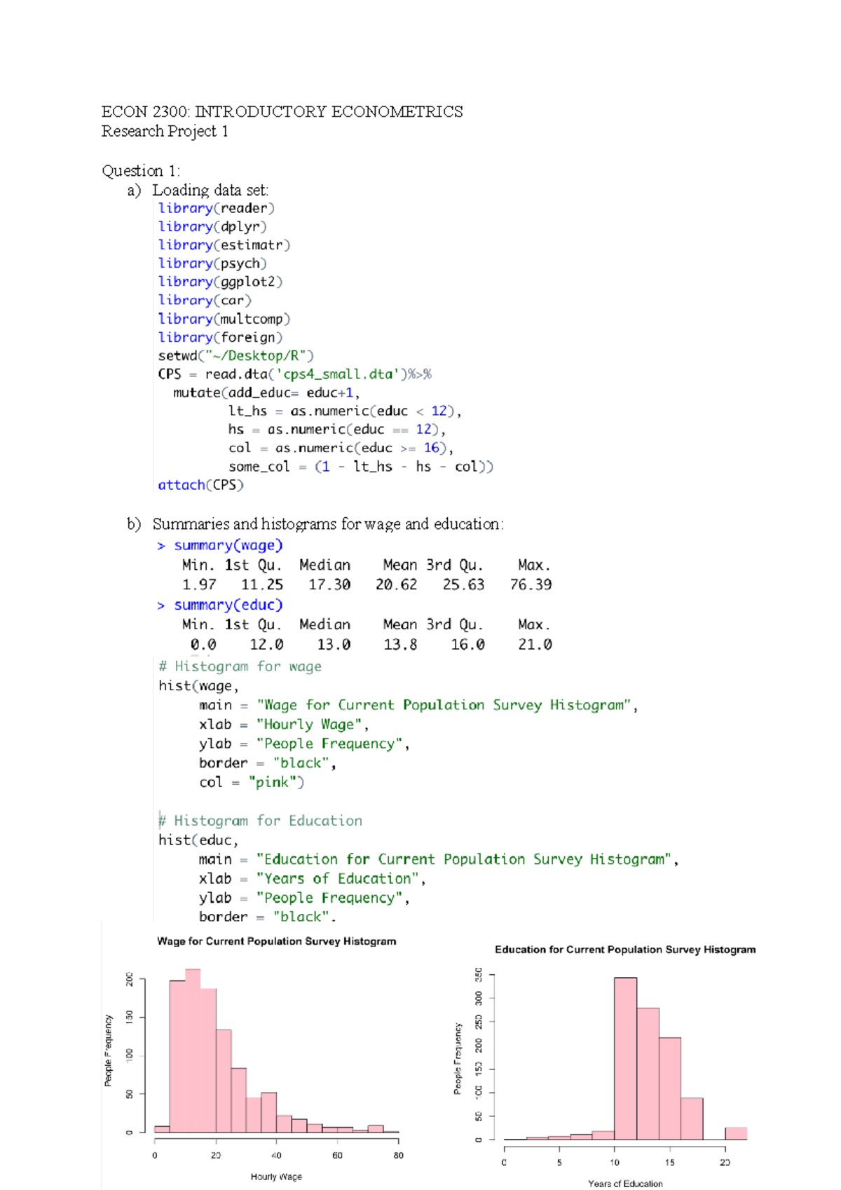 ECON 2300 - Project 1 - ECON 2300: INTRODUCTORY ECONOMETRICS Research ...