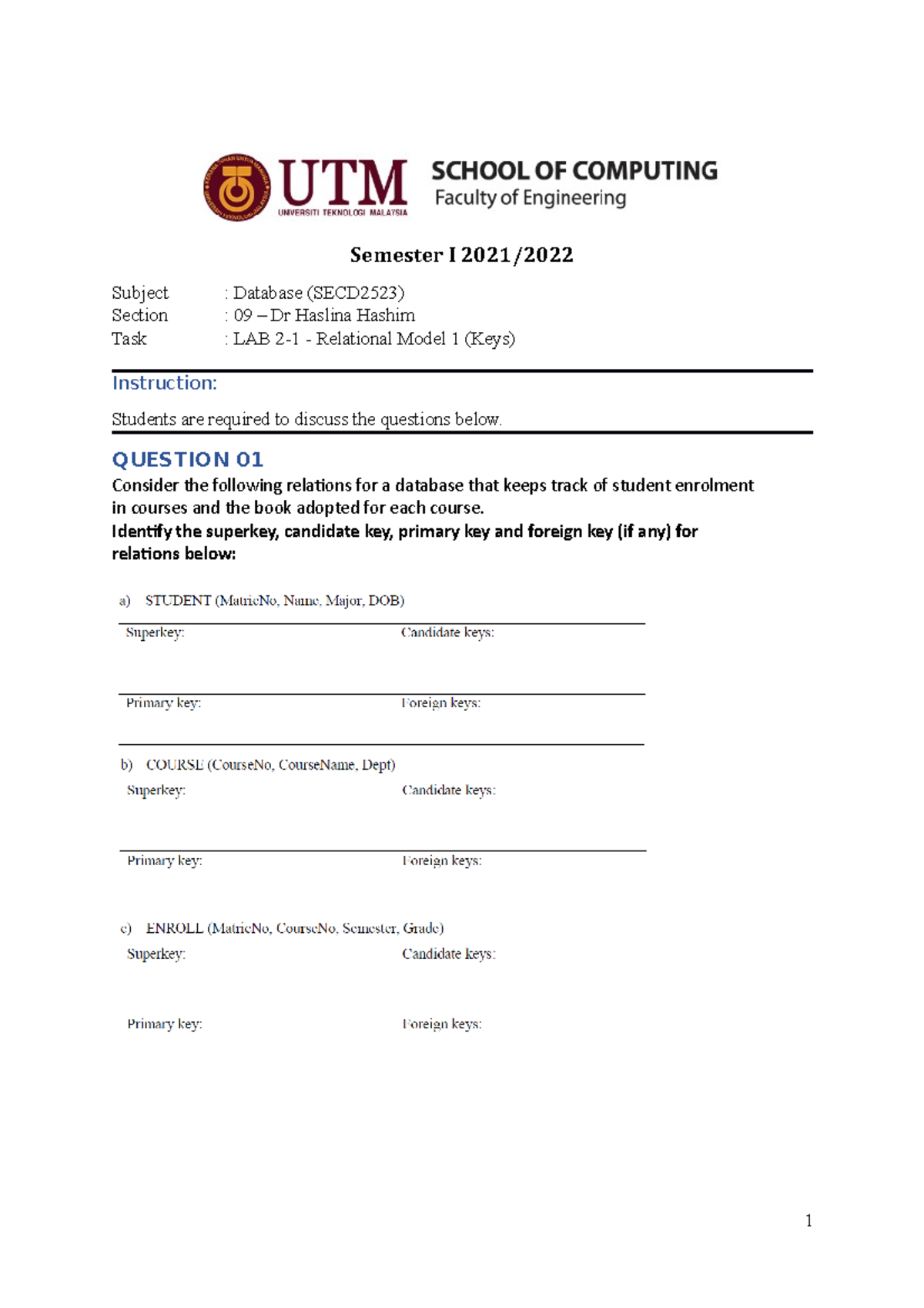 Lab Activity 2-1 - Relational Model Keys - Semester I 2021/ Subject ...