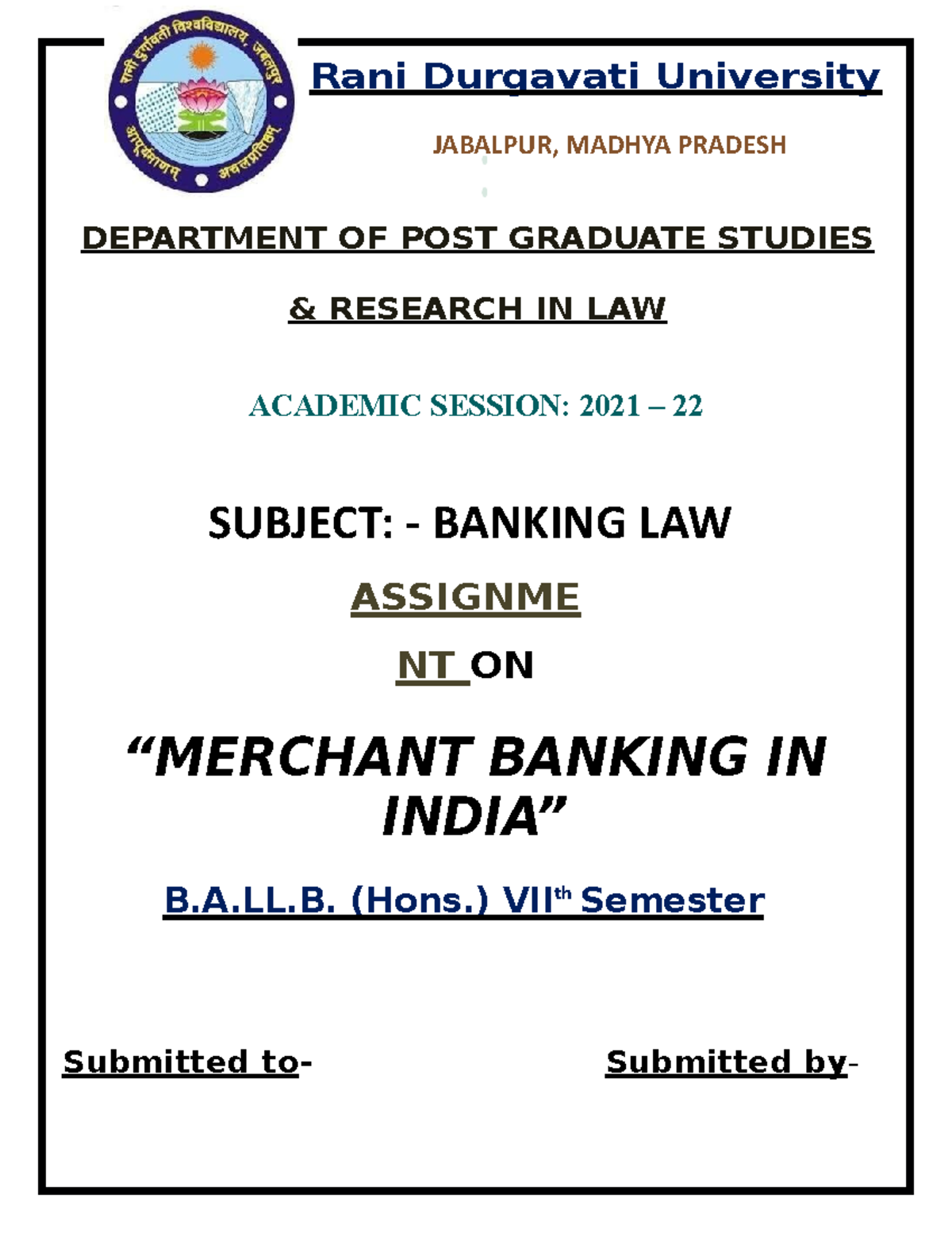 Merchant Banking In India Rani Durgavati University JABALPUR MADHYA 