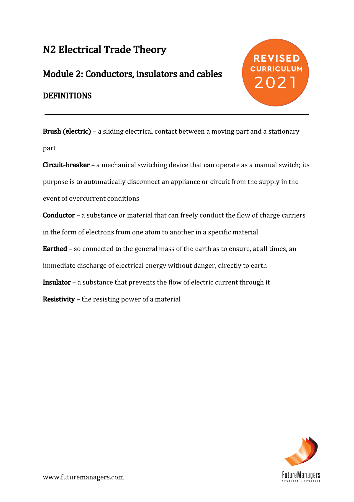 N2 ETT Module 2 Definitions futuremanagers N 2 Electrical Trade