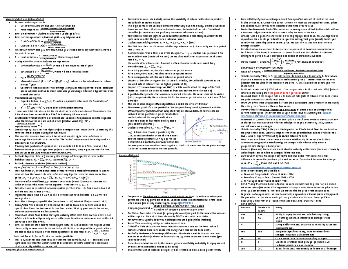 Fin quiz 2 cheatsheet - Chapter 4 (Risk and Return Part 1) Returns can ...