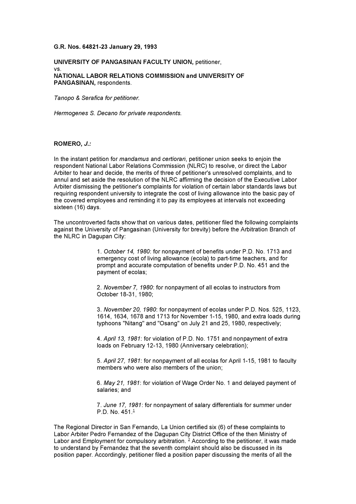 1.) University of Pangasinan - G. Nos. 64821-23 January 29, 1993 ...