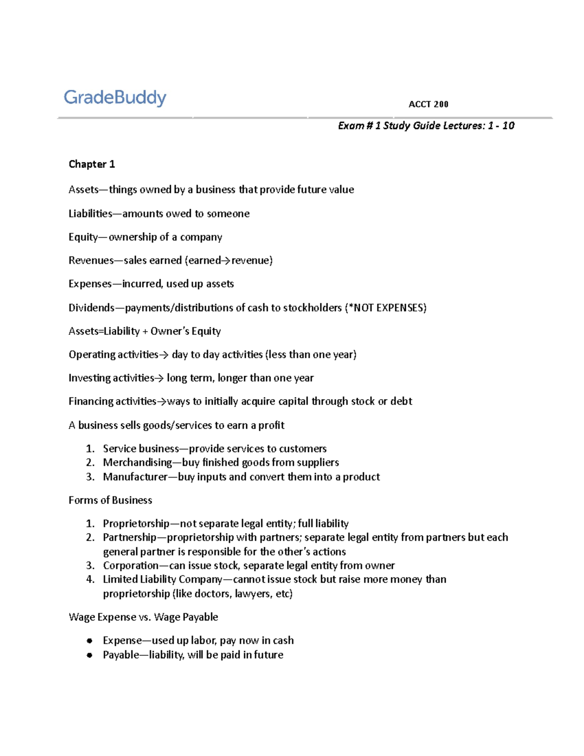 Accounting Study Guide 1 ACCT 200 Exam 1 Study Guide Lectures 1