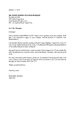 Resignation Letter - Joel L. Mamsa Jr. Purok 5, Santa Catalina, Hijo 