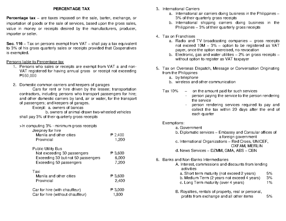 Percentage Tax - Notes - At the national level, taxes are imposed and ...