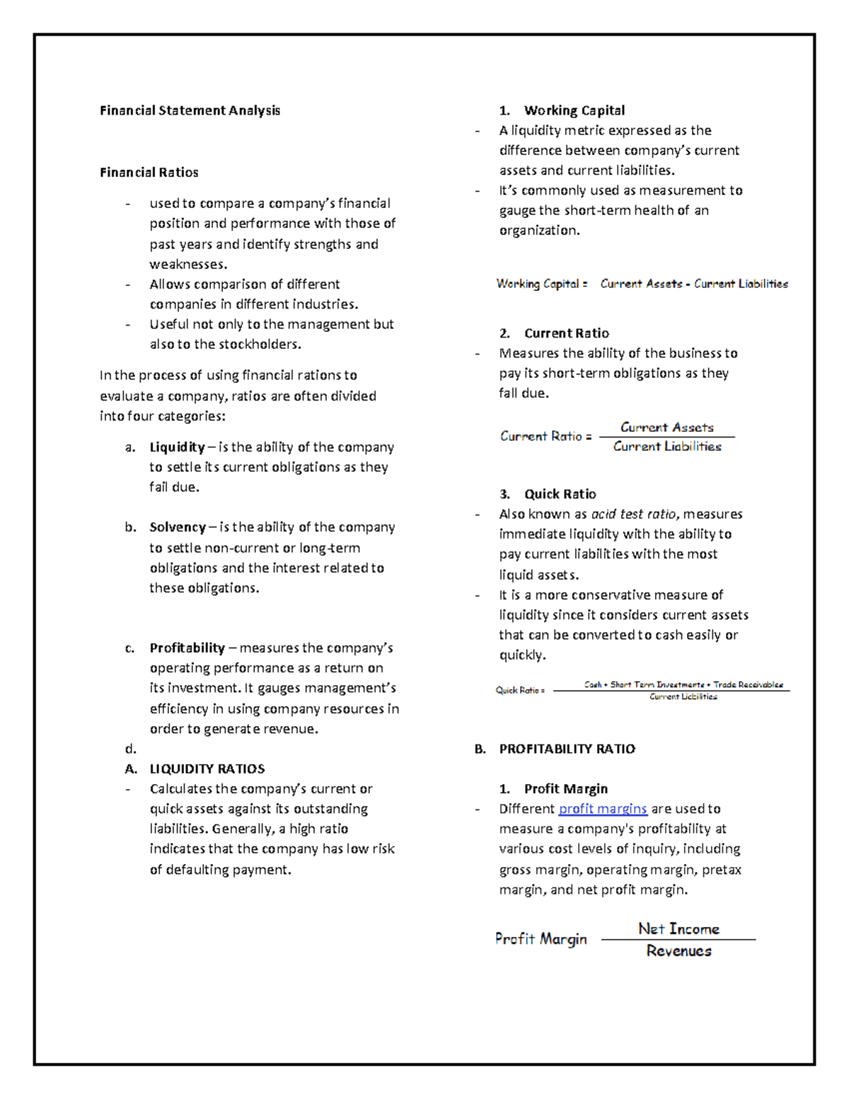 Quick Ratio - Reviewer - Financial Statement Analysis Financial Ratios ...