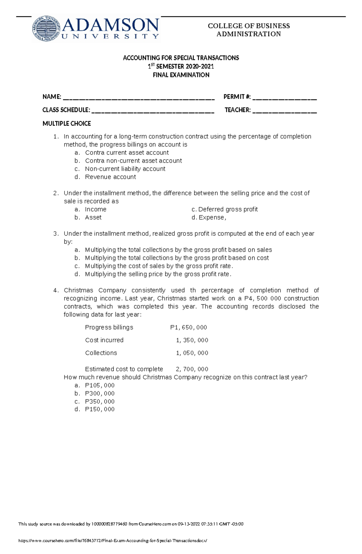 Final Exam Accounting For Special Transactions - ADMINISTRATION ...