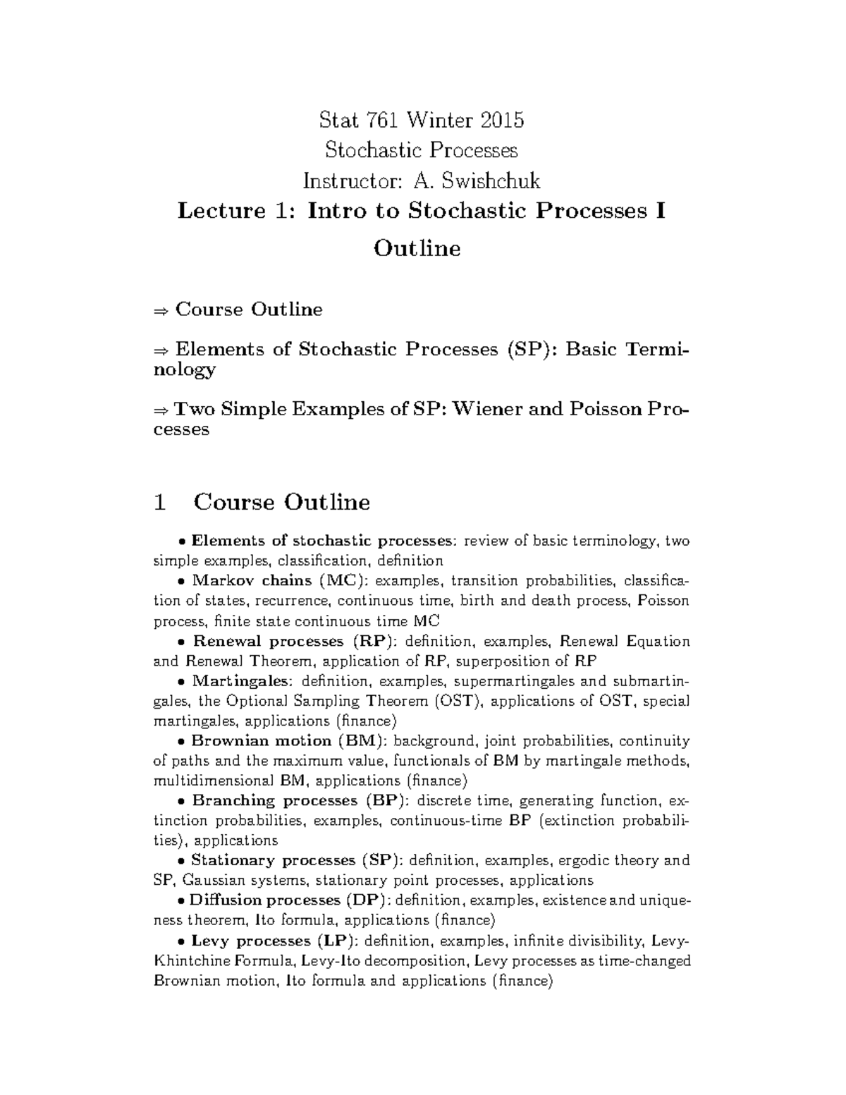 Stochastic Processes - Lecture Notes - Stat761 1 - 4 - Stat 761 Winter ...