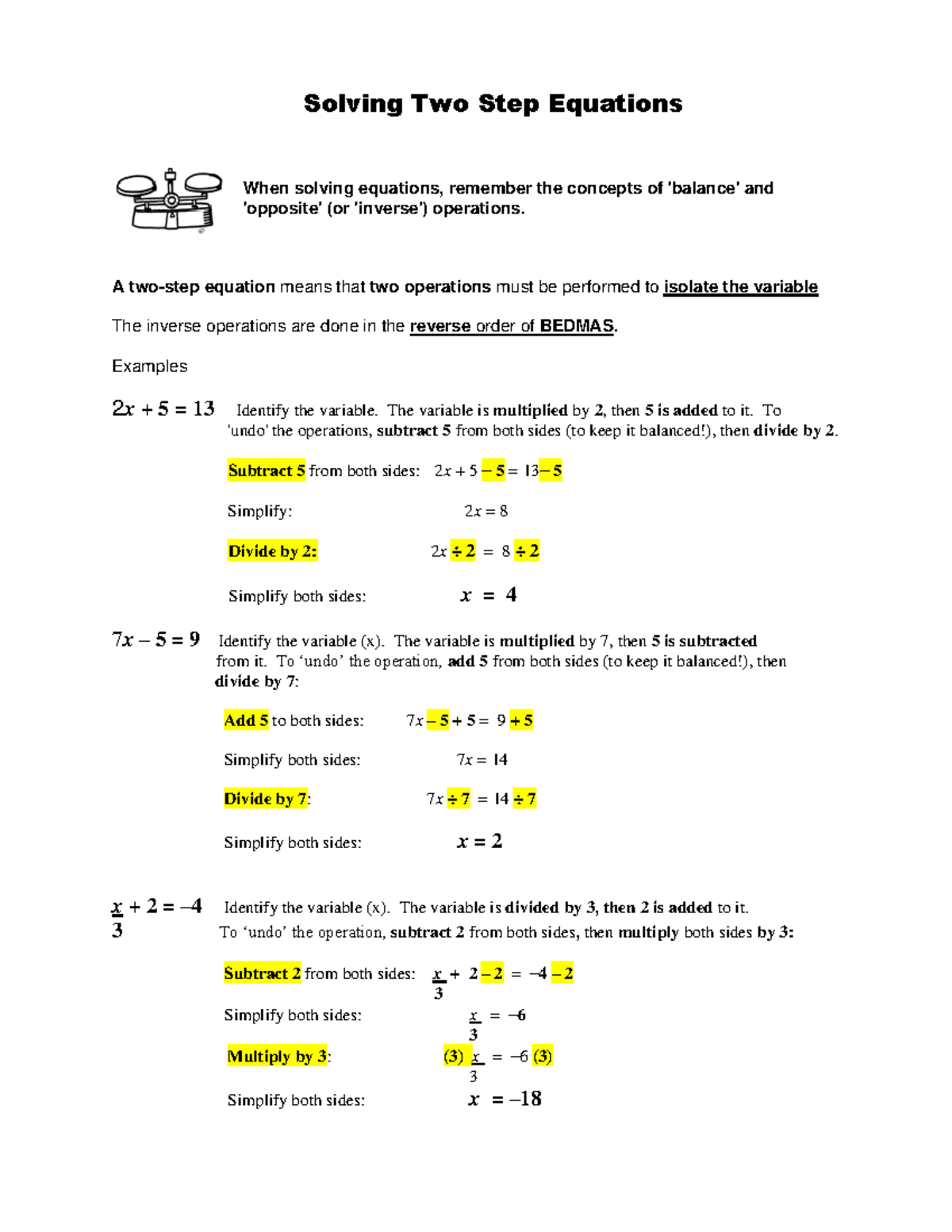 Solving Two Step Equations - A two-step equation means that two ...