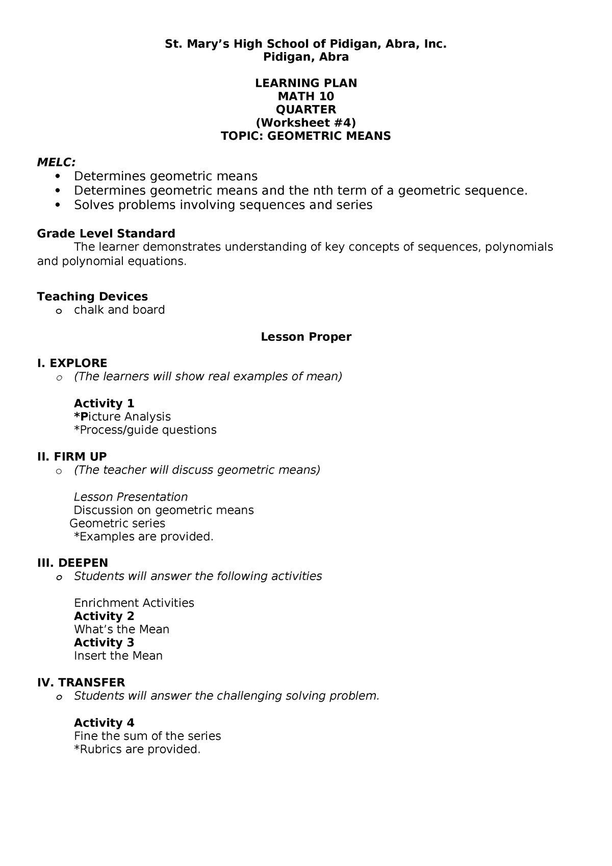 LP MATH 10 Q1 - lesson PLAN - Pidigan, Abra LEARNING PLAN MATH 10 ...