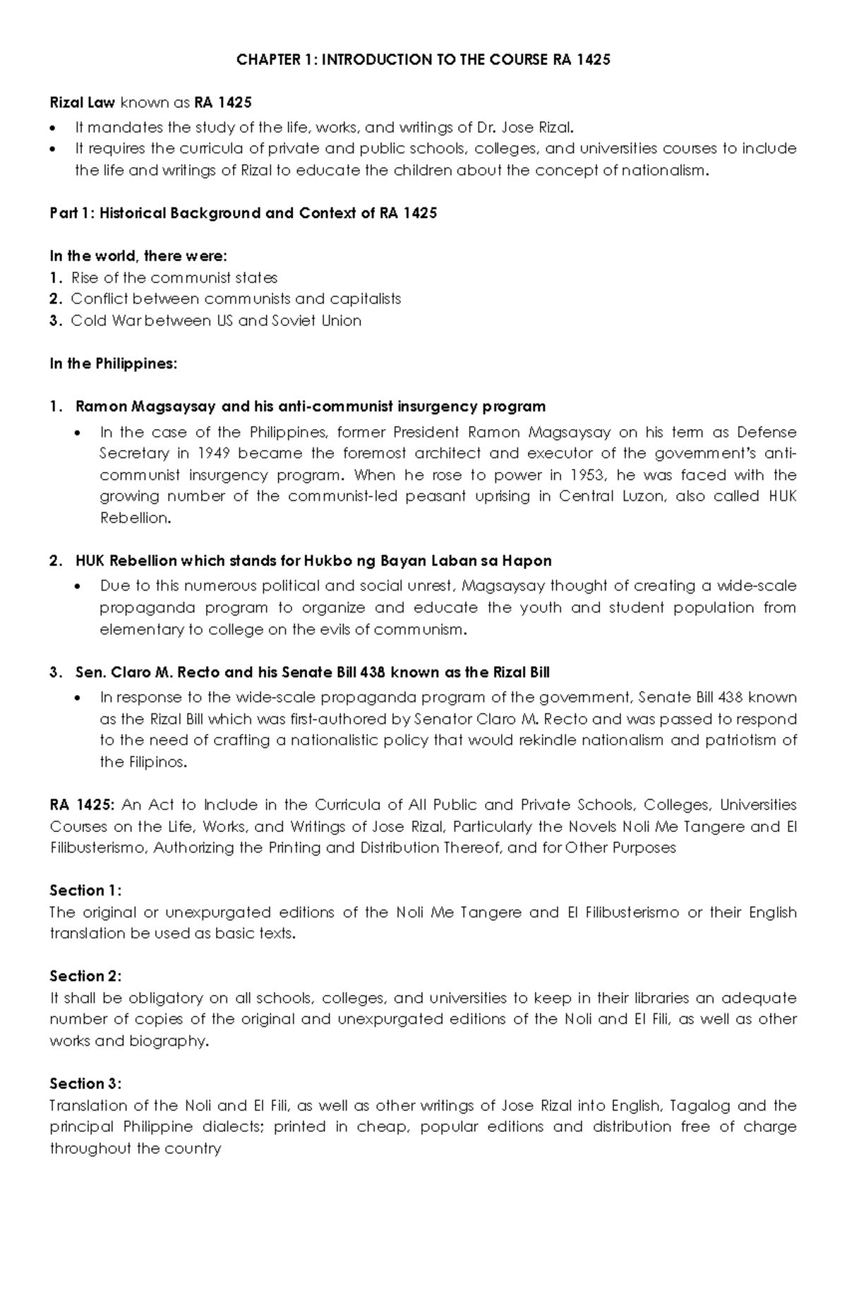Rizal Chapter 1-3 Reviewer - CHAPTER 1: INTRODUCTION TO THE COURSE RA ...