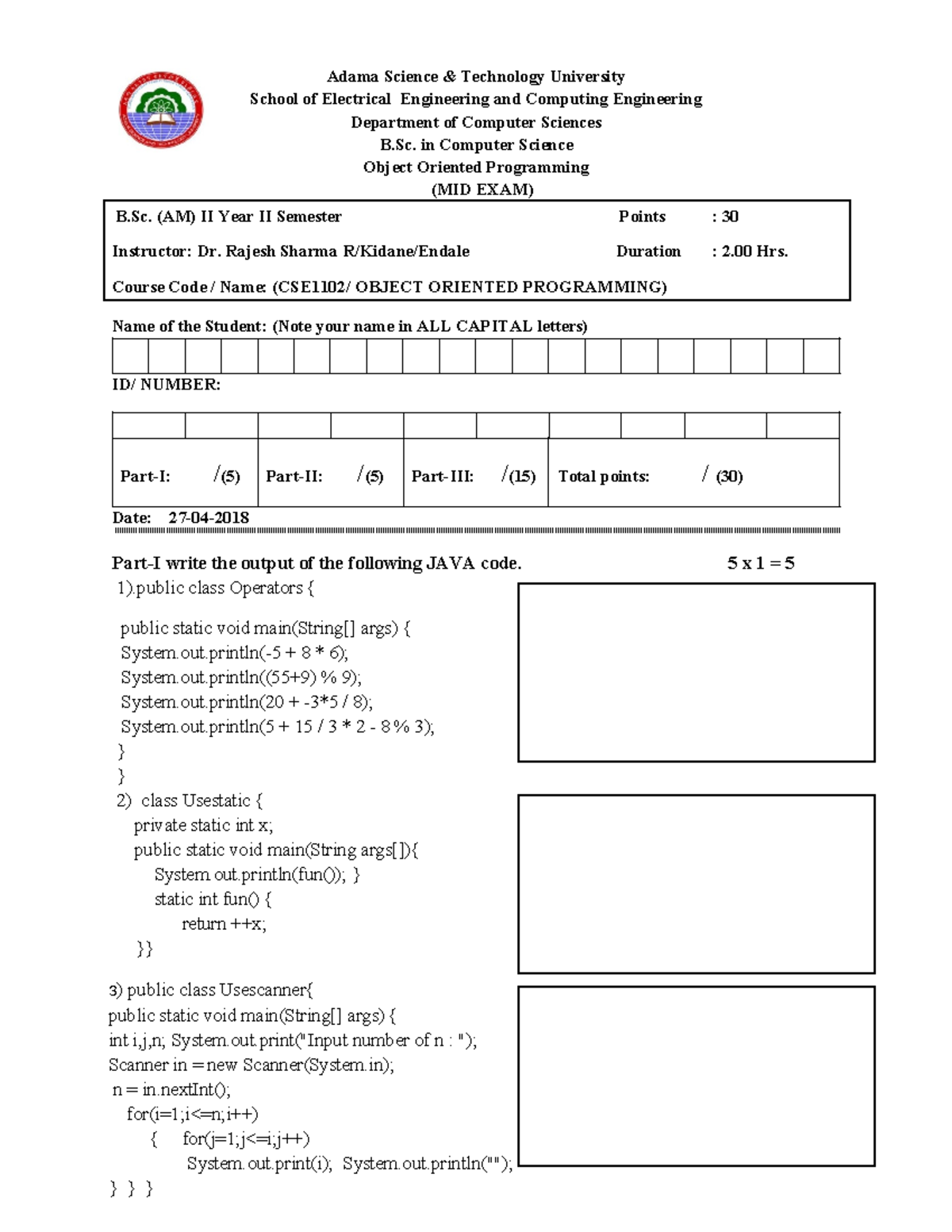 Mid exam for java - java mid exam @astu - B. (AM) II Year II Semester ...
