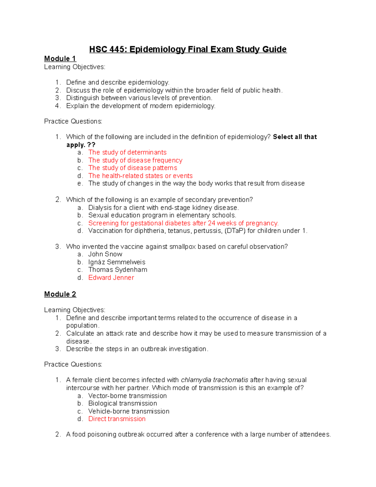 Final Exam Study Guide student HSC 445 Epidemiology Final Exam