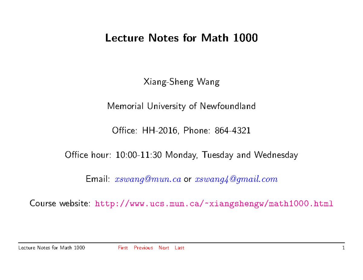 Math1000 lecture - Lecture Notes for Math Wang Memorial University of ...
